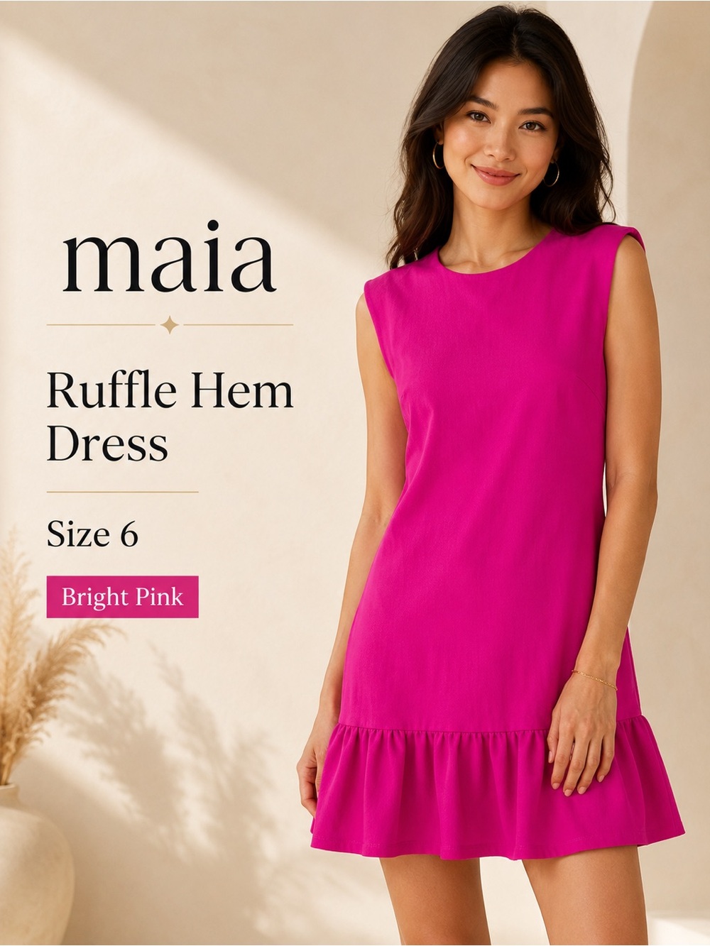 Maia Bright Pink Ruffle Hem Sleeveless Dress Size 6